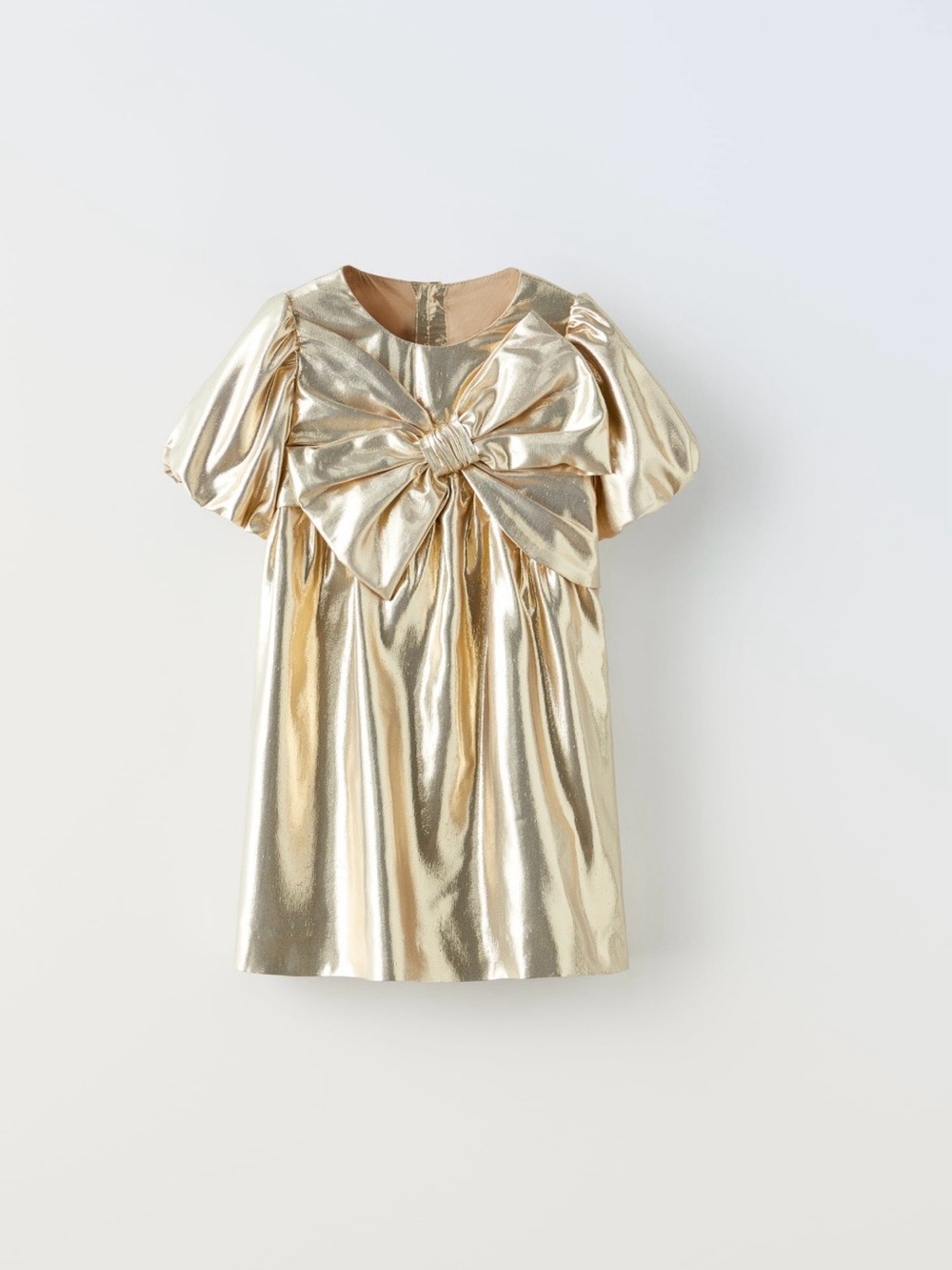 Zara Shiny Gold Bow-Puff Sleeve Dress